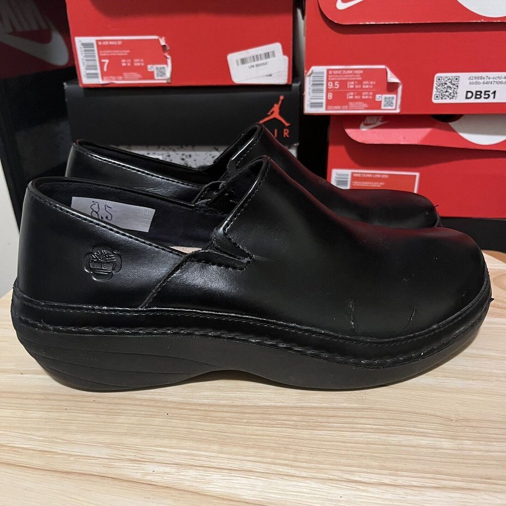 Timberland Pro153 Clogs Womens 8.5M Shoes Black Leather Slip Resistant Work